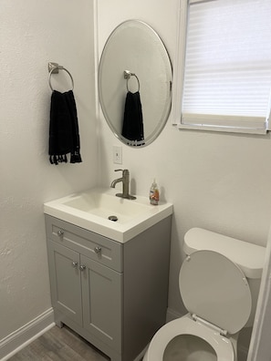 Douche, sèche-cheveux, serviettes fournies, savon