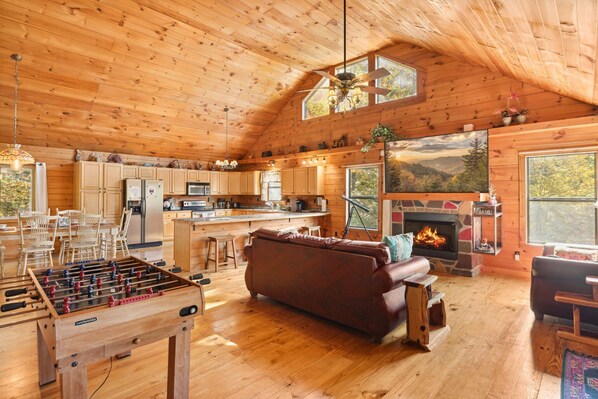 Smart TV, fireplace, table football, books