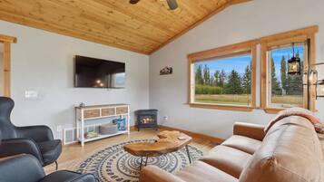 Smart TV, fireplace, table football, books
