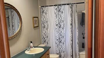 Hair dryer, towels, soap, toilet paper