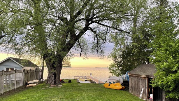 A backyard with a tree, a dock, a yellow raft, and a small shed. - Lake Simcoe Getaway — Just 1 Hour from Toronto! Family cottage rarely offered! (Georgina)