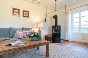 A living room with a sofa, a coffee table, a fireplace, and a window. - Apartment "Lina" with Shared Garden, Balcony, and Wi-Fi (Rottenbuch)