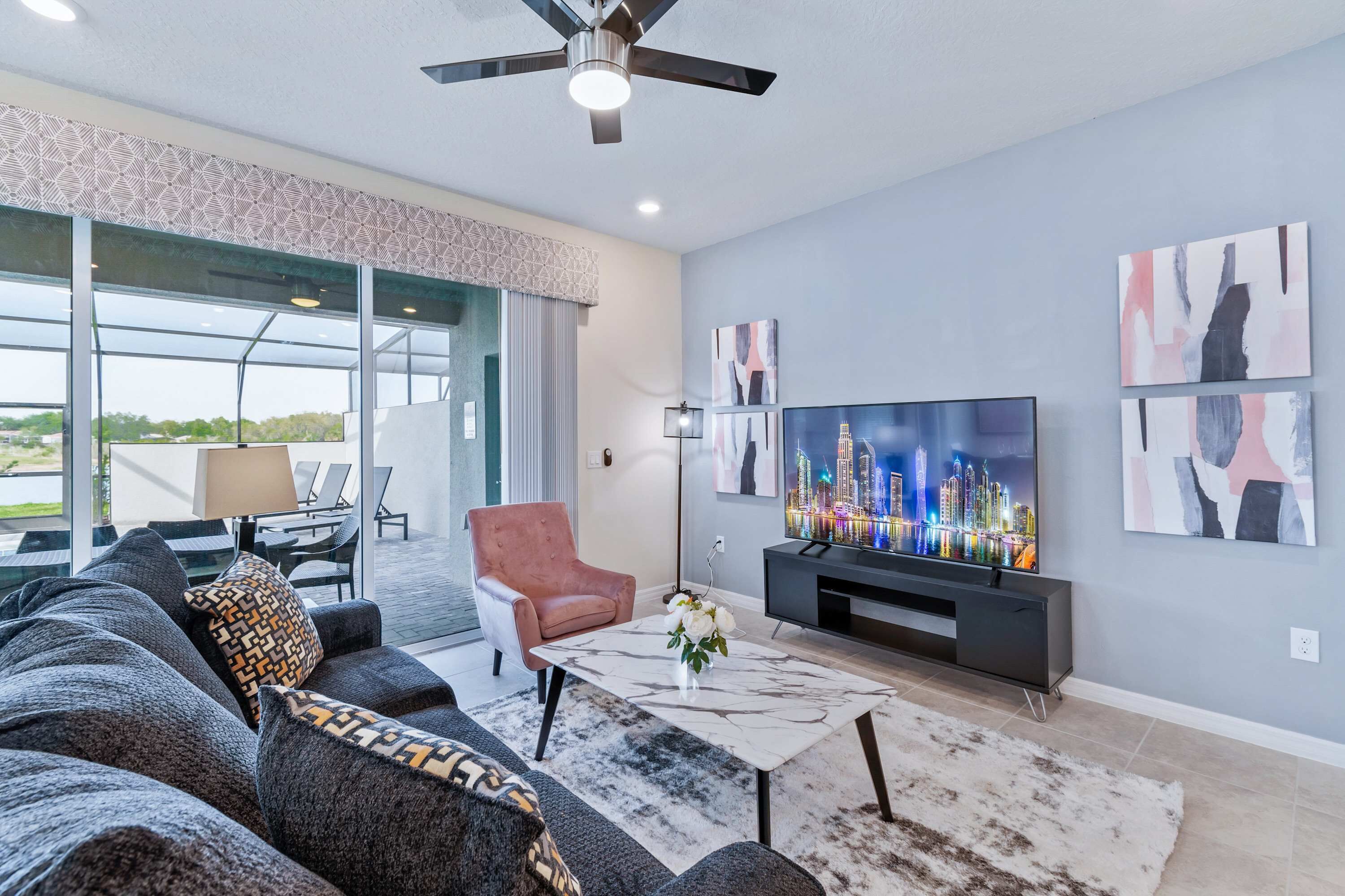 Flat-screen TV, stereo, offices