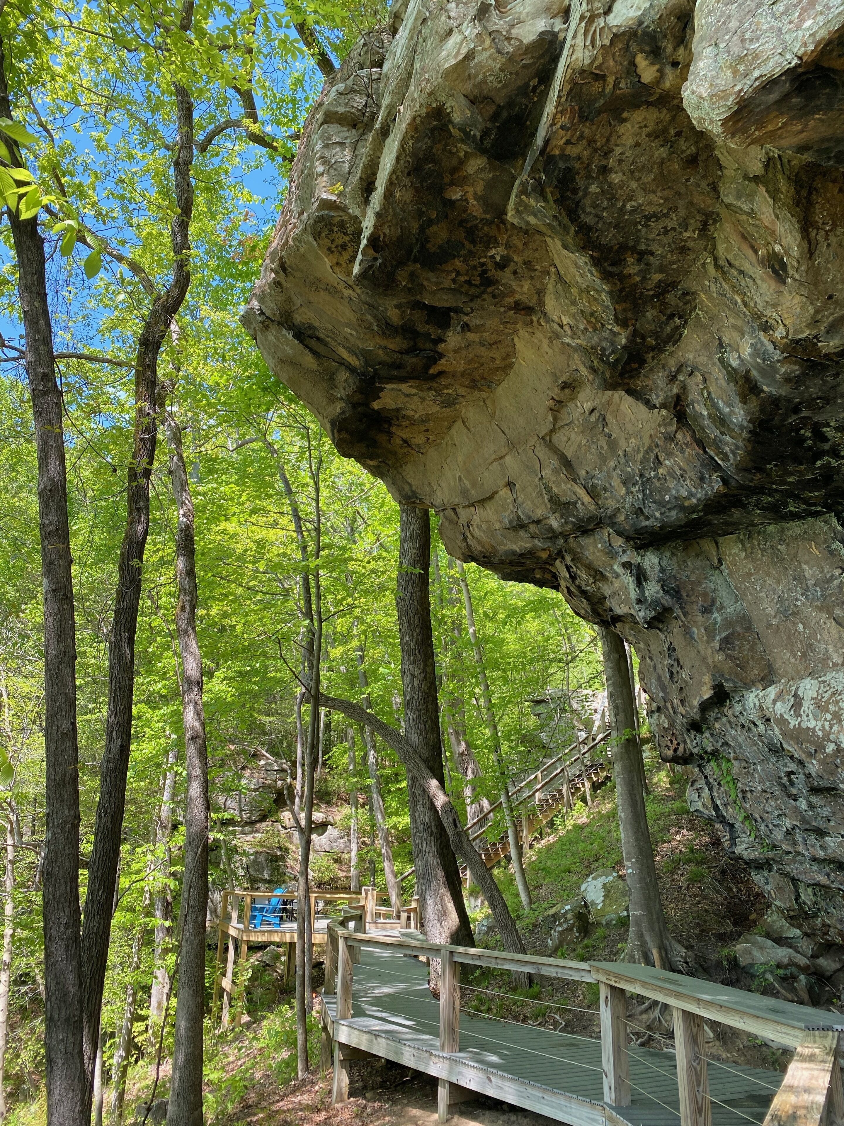 A wooden bridge leading to a rocky outcrop with a wooden viewing platform.