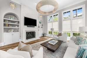 TV, fireplace, video library