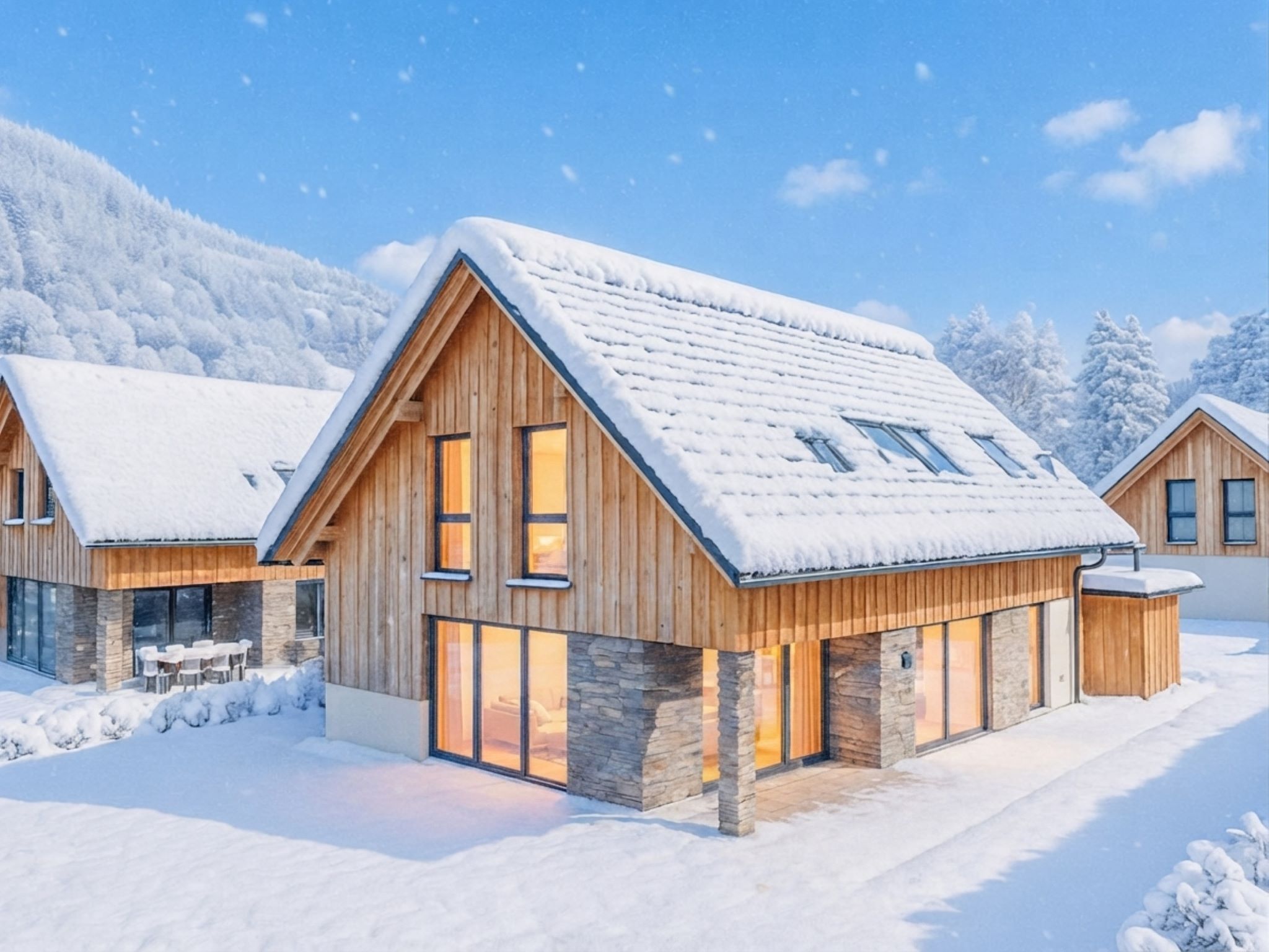 A modern wooden cabin with a sloped roof, large windows, and stone accents, surrounded by snow-covered landscape.
