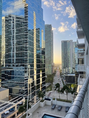 Experience the city from your balcony with stunning views of the urban environment.