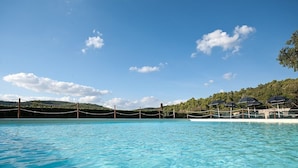 A clear blue pool with a netted edge, surrounded by a wooden fence and umbrellas, with a forested hill in the background. - Villa Sonia M: A characteristic and welcoming cottage located in an isolated position, on the slopes of a hill which is covered with olive groves, with Free WI-FI. (Gualdo Cattaneo)