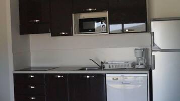 Fridge, microwave, oven, cookware/dishes/utensils