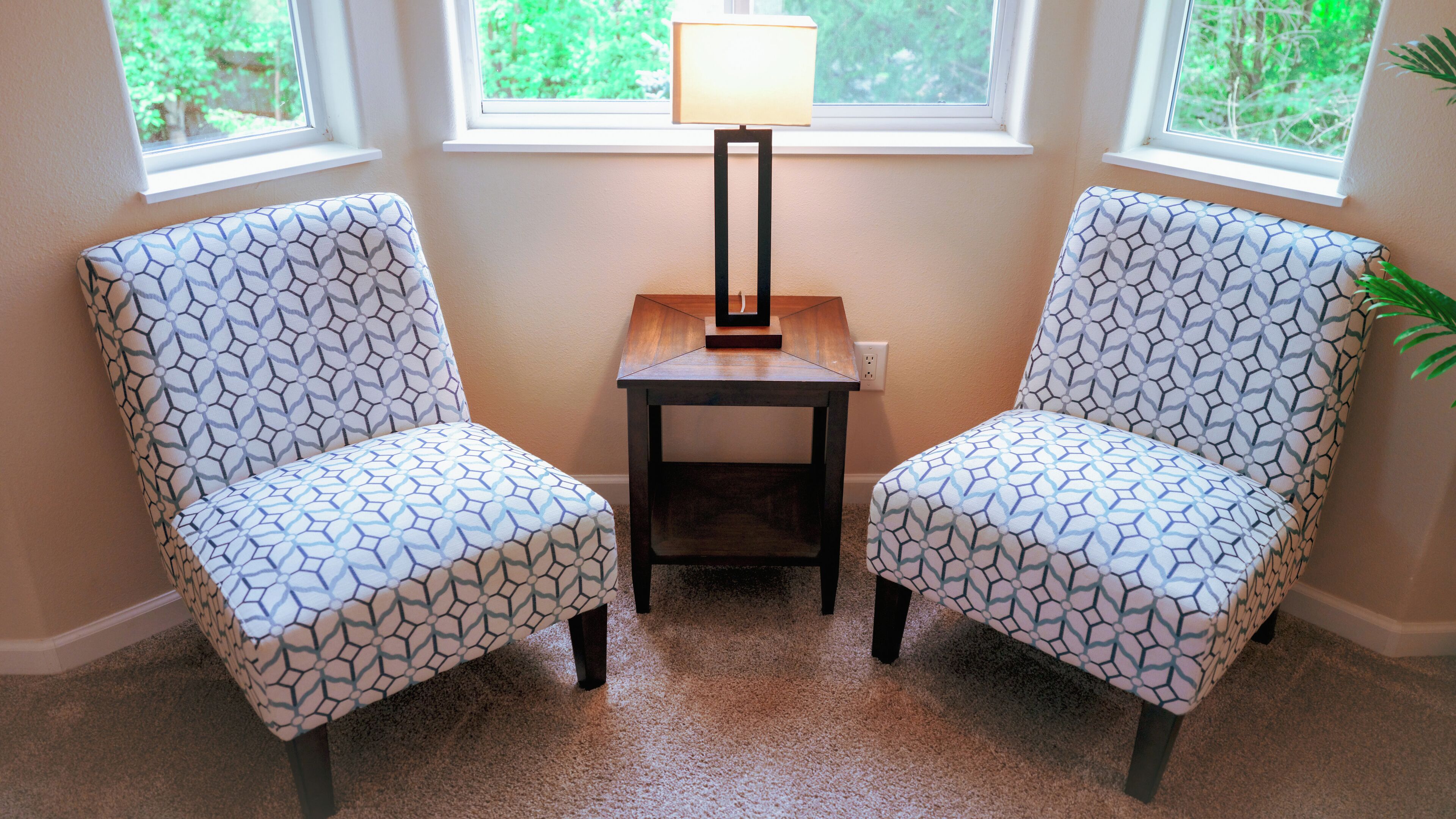 Two patterned chairs with a small table and lamp between them, positioned in front of a window with a view of greenery.