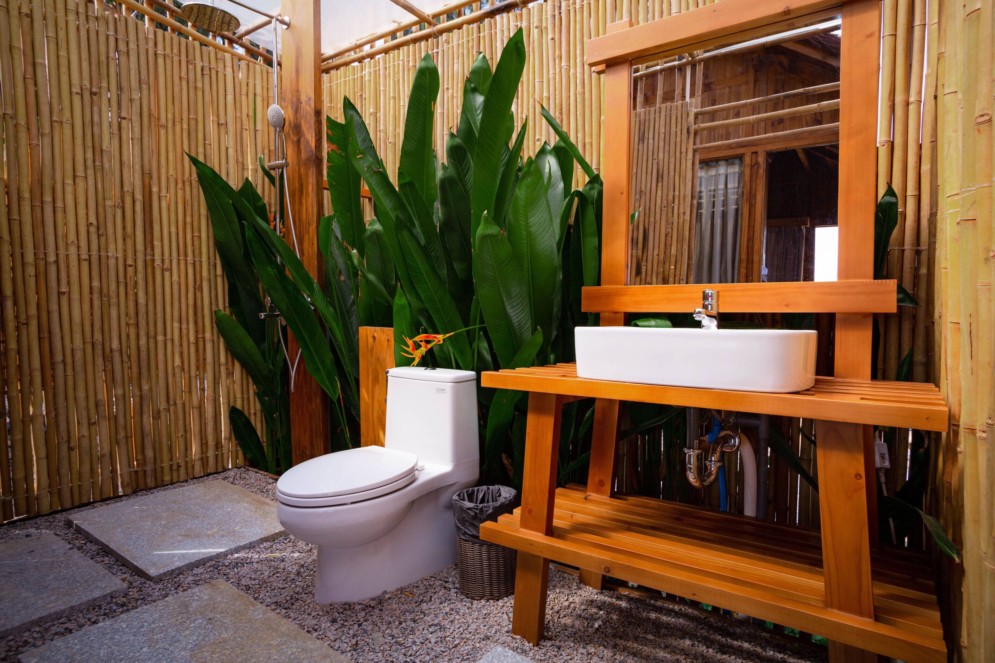 A bathroom with a toilet, sink, and large green plants.