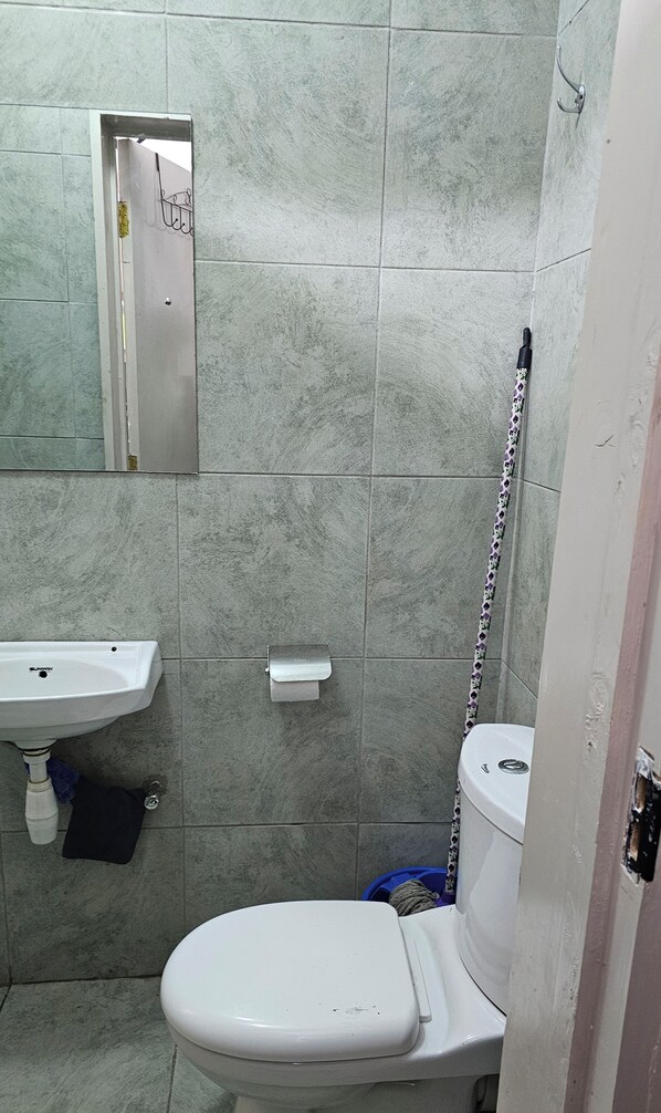 A bathroom with a white toilet, a sink, and a mirror.