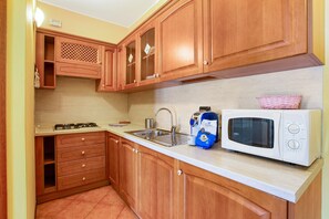 Fridge, microwave, stovetop, coffee/tea maker