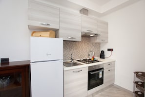 A modern kitchen with a white refrigerator, a gas stove, and a built-in oven.