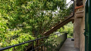 A wooden deck with a metal railing, surrounded by lush greenery and trees.