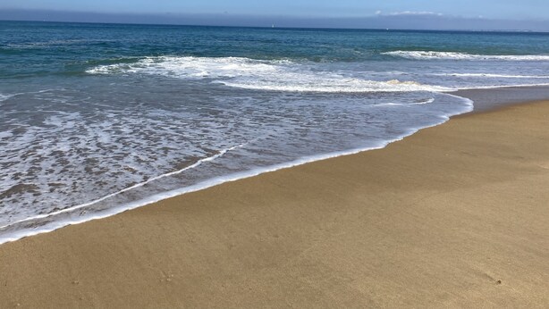 Una platja amb ones que brollen suaument a la riba.