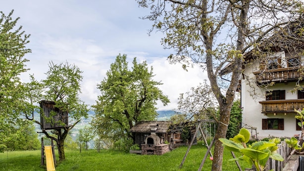 Eine ländliche Außenansicht mit einem Baumhaus, einem kleinen Steinhaus und einem Holzzaun.