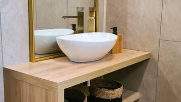 Shower, hair dryer, soap, toilet paper