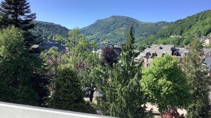 Un quartier résidentiel avec des maisons, des arbres et une montagne en arrière-plan.