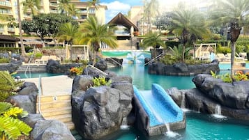 Outdoor pool, pool umbrellas, sun loungers