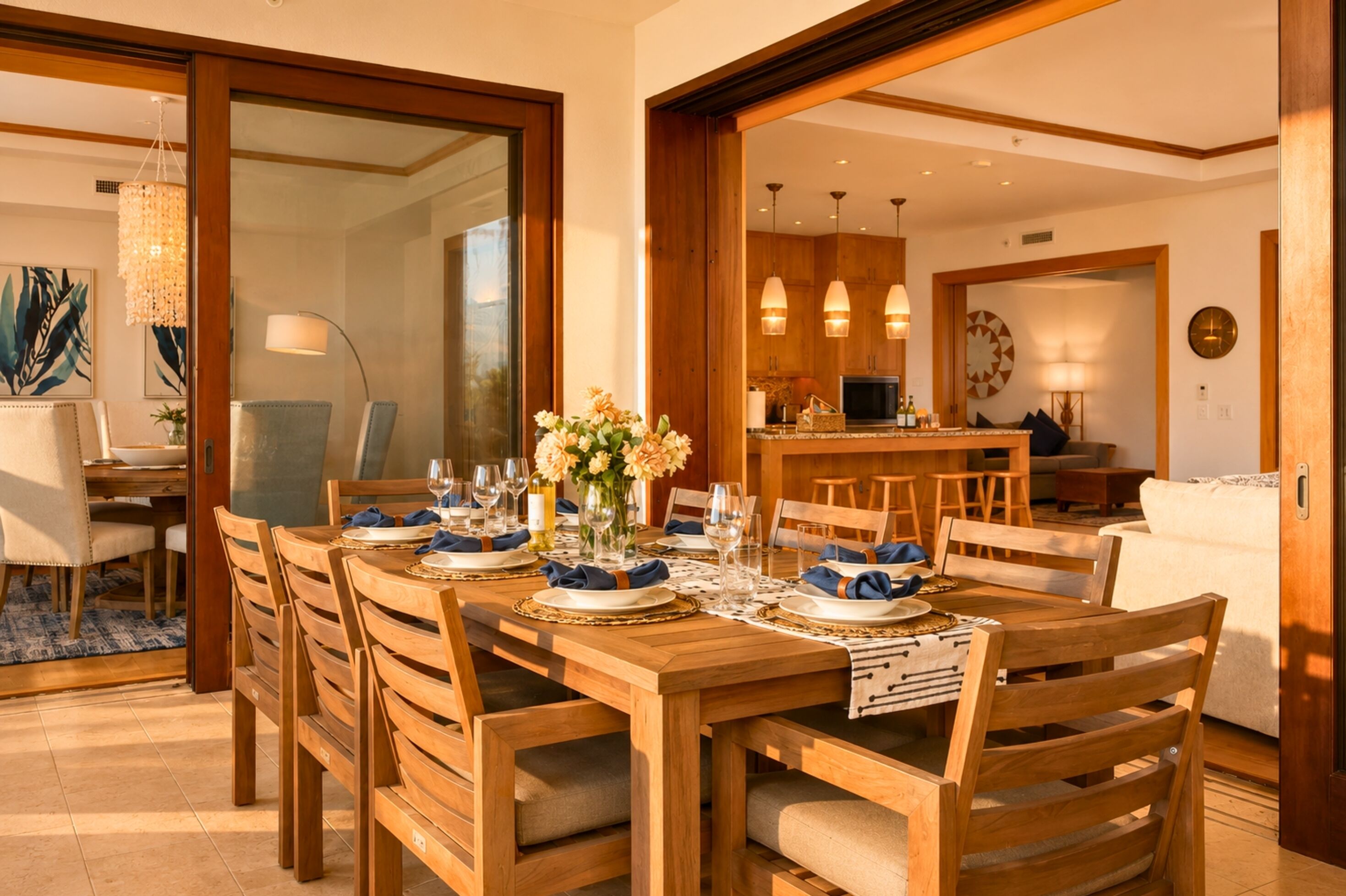 A dining area with a wooden table set for four, a vase with flowers, and a kitchen in the background.