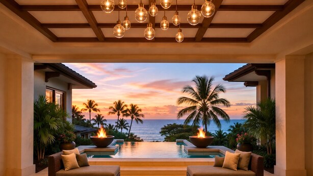Un espacio junto a la piscina con vista al atardecer, dos sofás y una chimenea.