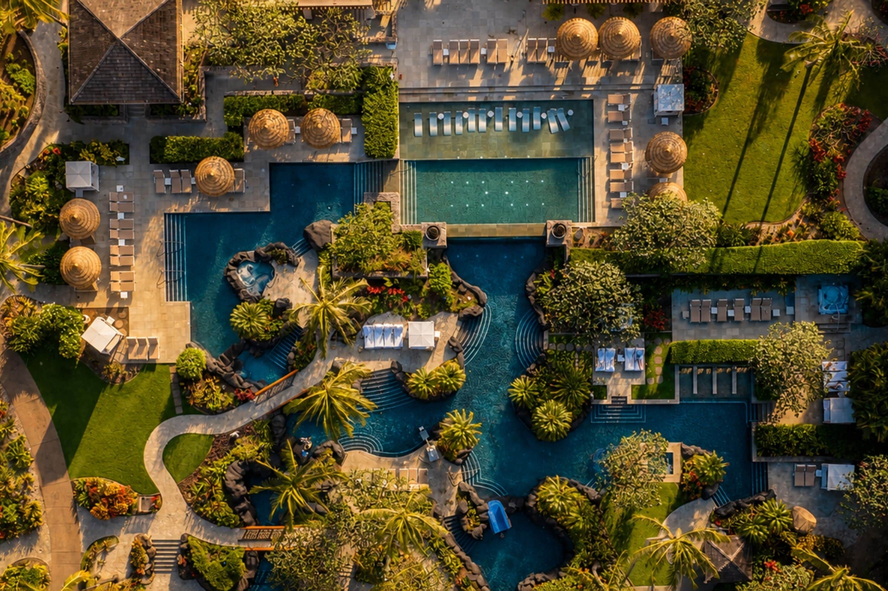 Una piscina al aire libre, sombrillas, sillones reclinables de piscina