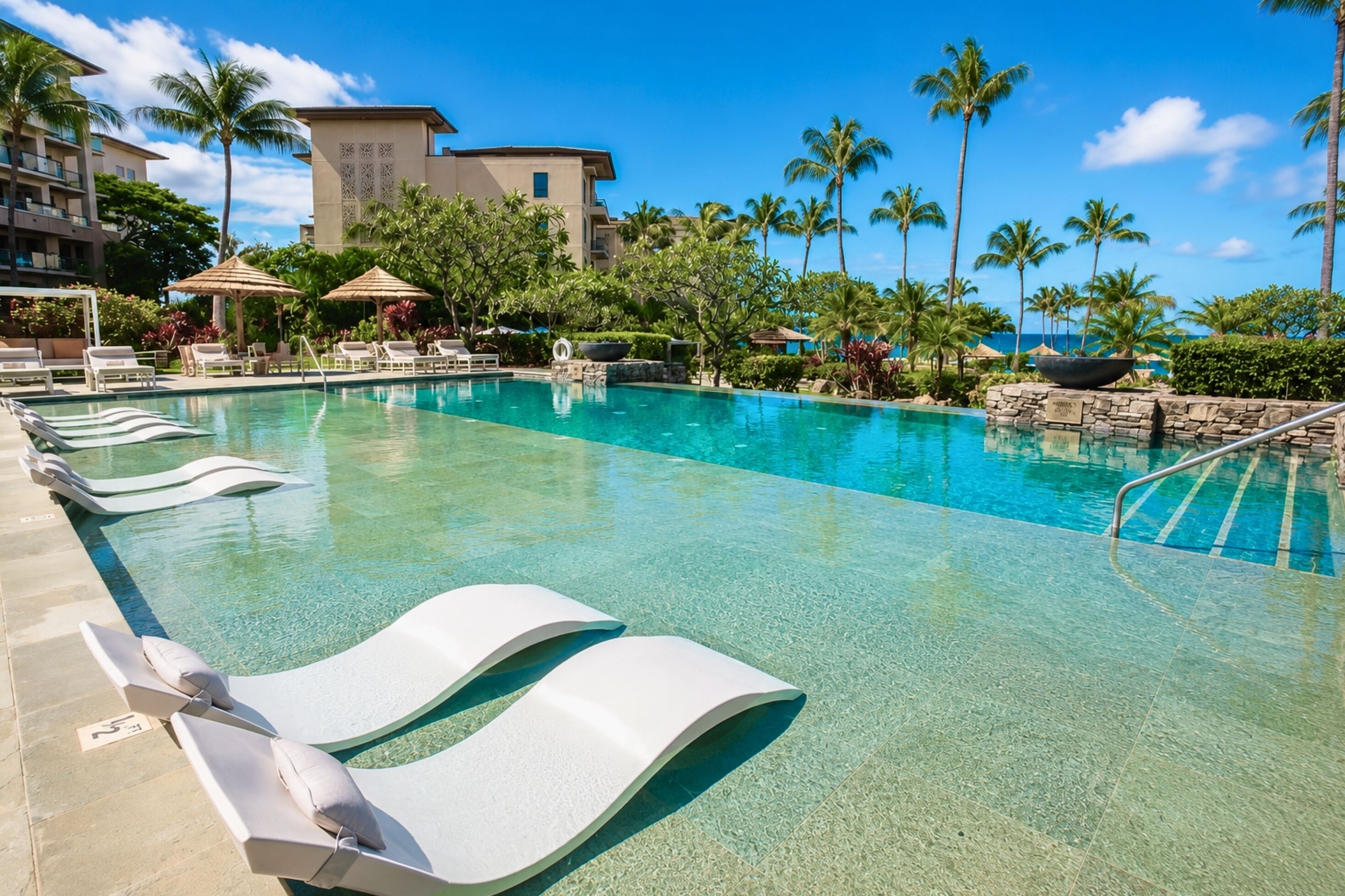Outdoor pool, pool umbrellas, sun loungers