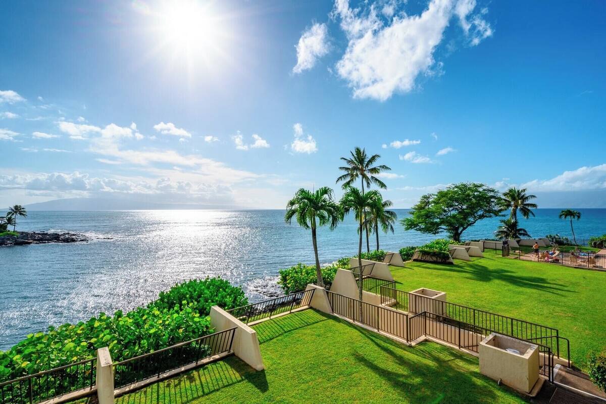 A beachfront property with a clear view of the ocean, palm trees, and a well-maintained lawn.