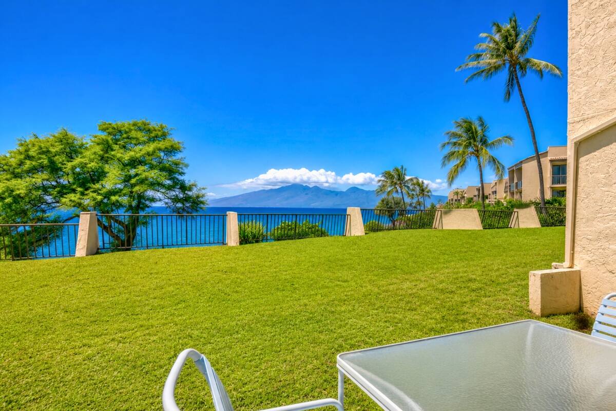 A grassy outdoor area with a table and chairs, a view of the ocean, palm trees, and a mountain in the background.