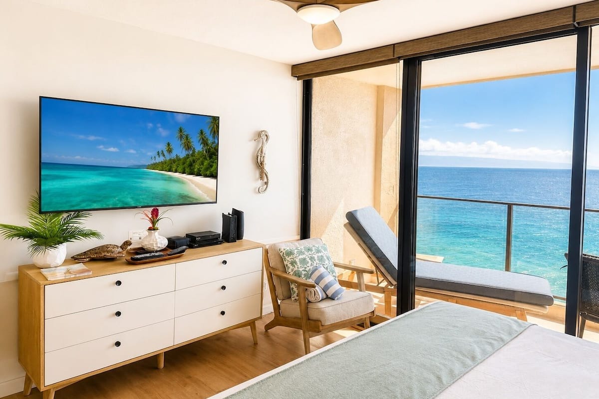 Studio (Ocean View, Sleeps 4 (MAH-1002))) | Oppholdsområde | En 55-tommers TV med digitale kanaler