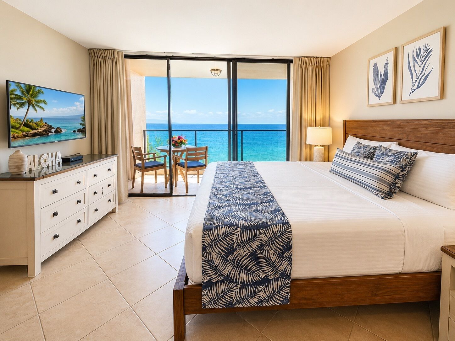 Ein Hotelzimmer mit Bett, Fernseher, Schreibtisch, Stuhl und einem Balkon mit Meerblick.