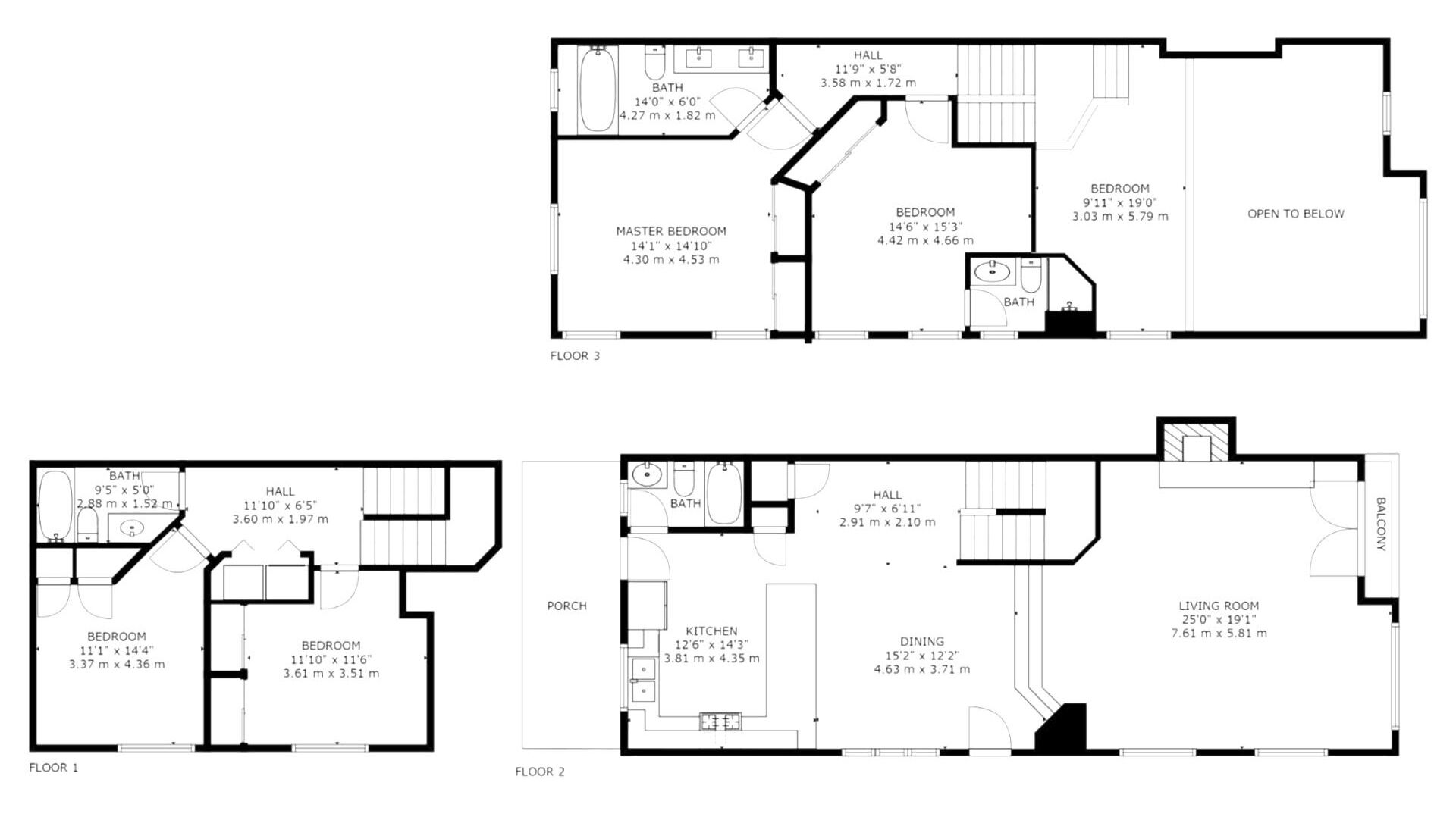 Planta baixa de um hotel com três andares, incluindo uma suíte principal, dois quartos standard, um banheiro, um corredor, uma sala de jantar, uma cozinha e uma sala de estar.