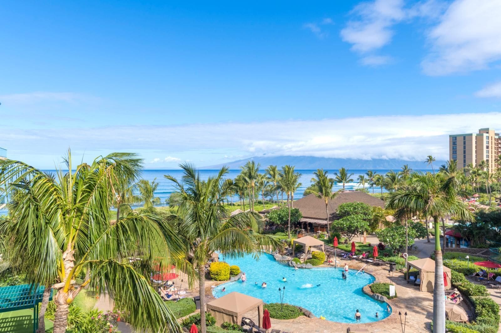 A resort with a large pool, palm trees, and a view of the ocean.