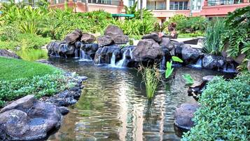 A landscaped garden with a small waterfall, surrounded by rocks and lush greenery.