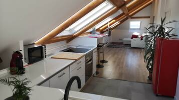 Fridge, microwave, oven, stovetop