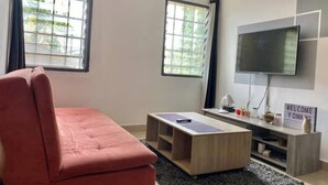 A modern living room with a pink sofa, a wooden coffee table, and a flat-screen TV mounted on the wall.