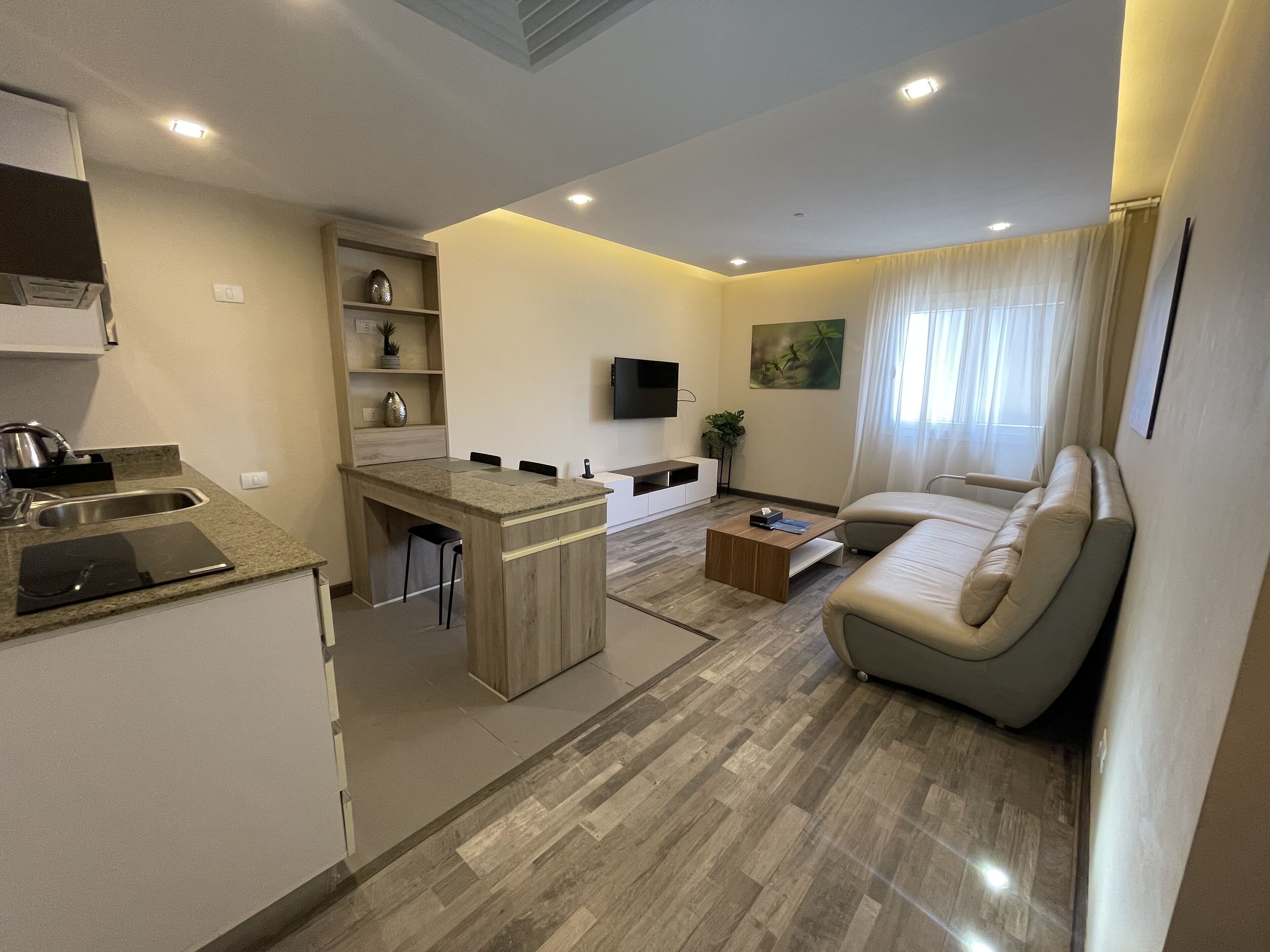 A modern apartment with a kitchen, dining area, and living room.