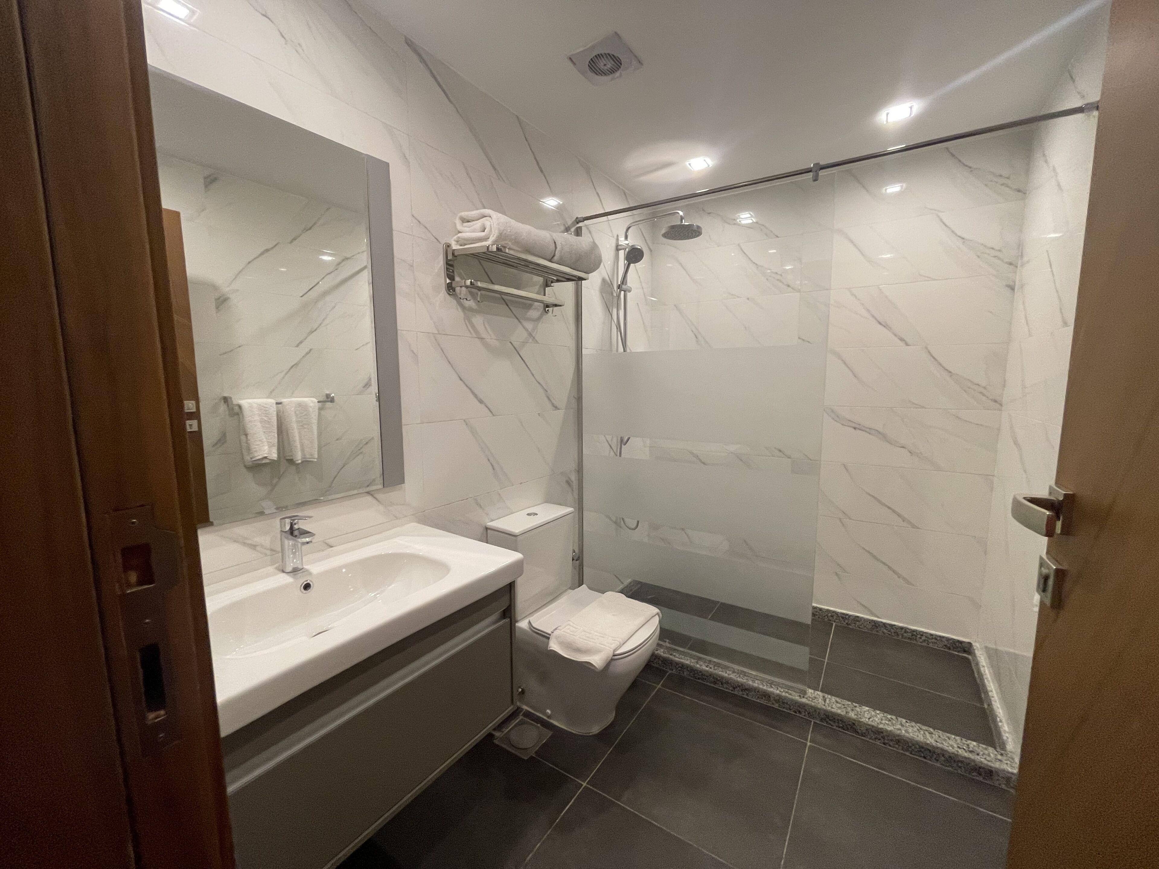 A modern bathroom with a marble vanity, a glass shower enclosure, and a toilet.