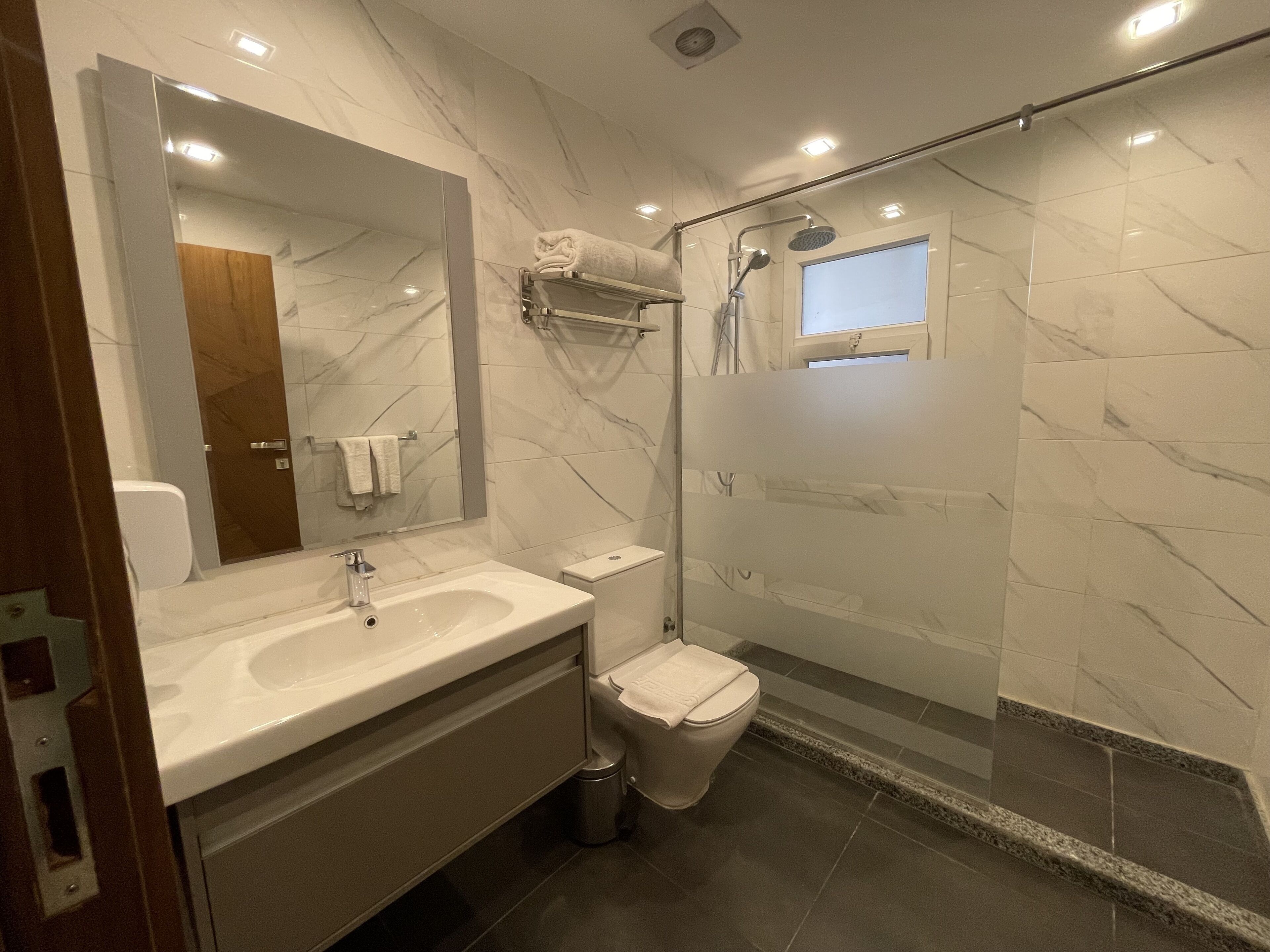 A modern bathroom with a marble vanity, a glass shower enclosure, and a toilet.