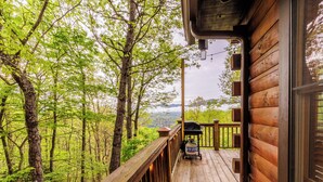 A wooden deck with a view of a forest and distant mountains.