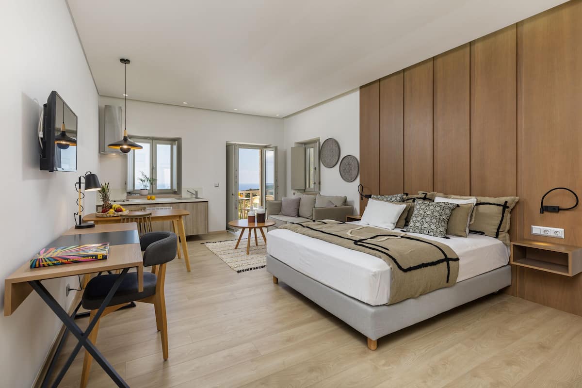 Un dormitorio moderno con una cama grande, un escritorio y un sofá.
