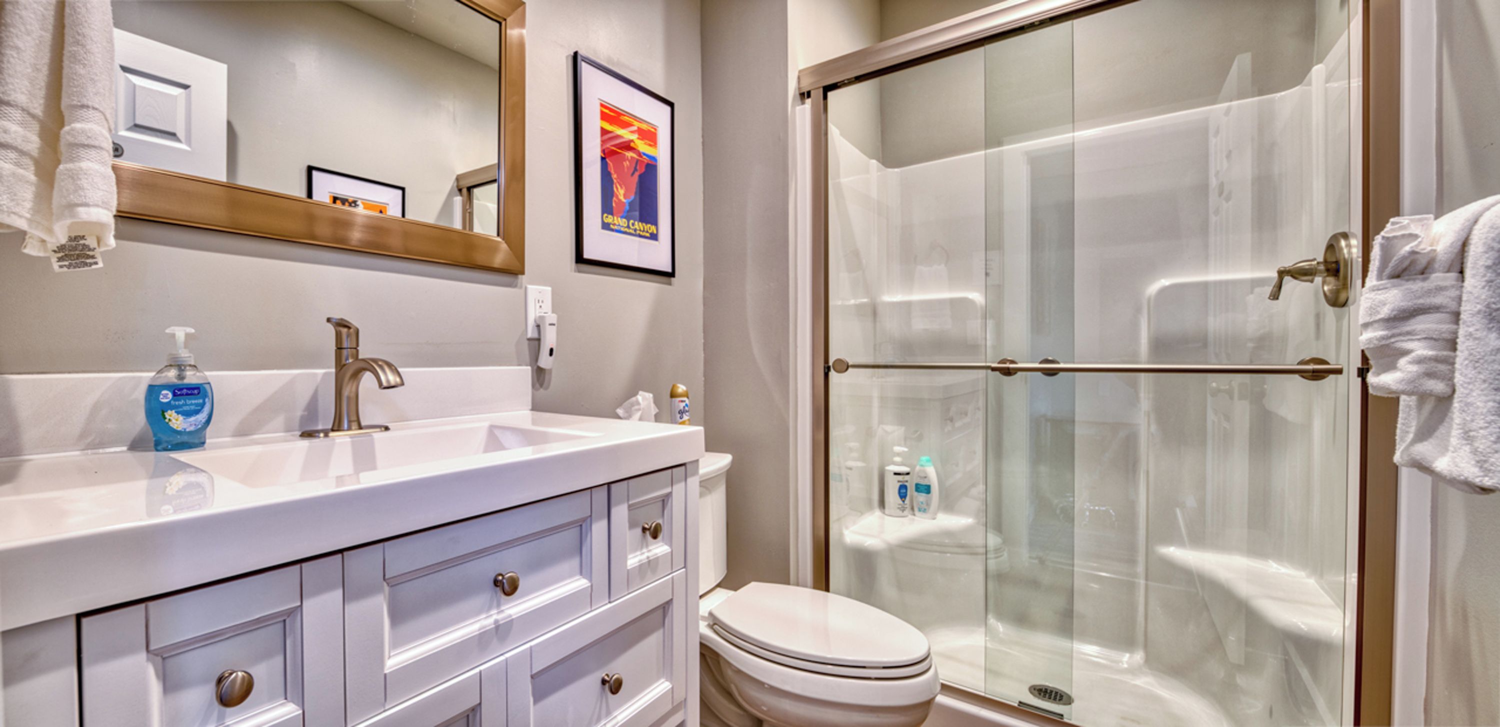 A bathroom with a white sink, mirror, and toilet. There is a glass shower enclosure and a framed picture on the wall.