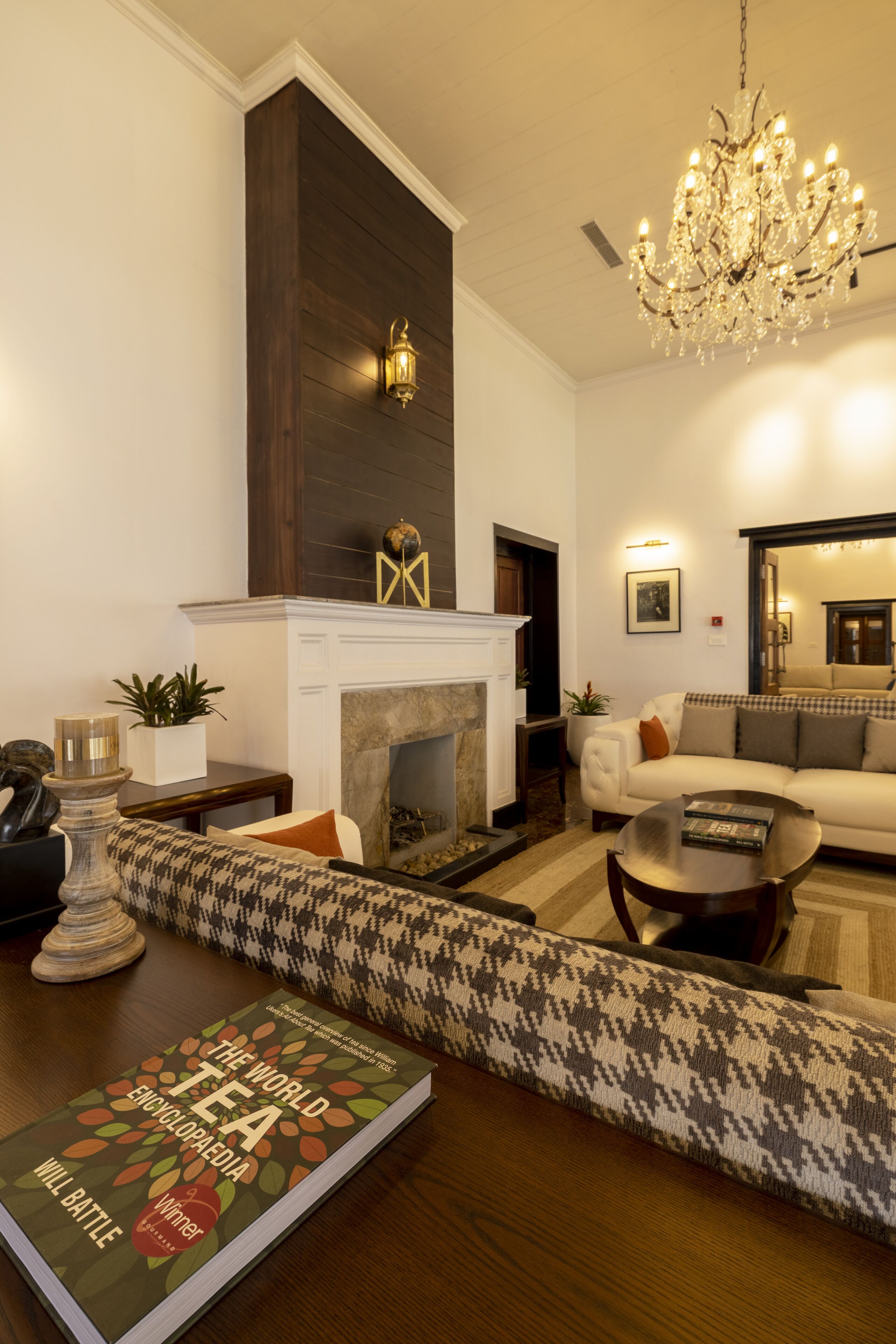 A cozy living room with a fireplace, a sofa, a coffee table, and a book titled "The World Encyclopedia of Tea."