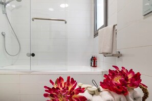 Baignoire, séchoir à cheveux, serviettes fournies