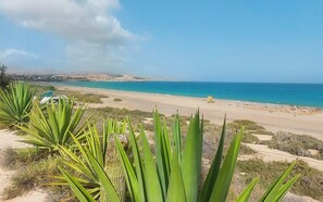 A coastal landscape with a beach, clear sky, and green vegetation. - Casa Mila Ap. No. 8111 (Costa Calma)