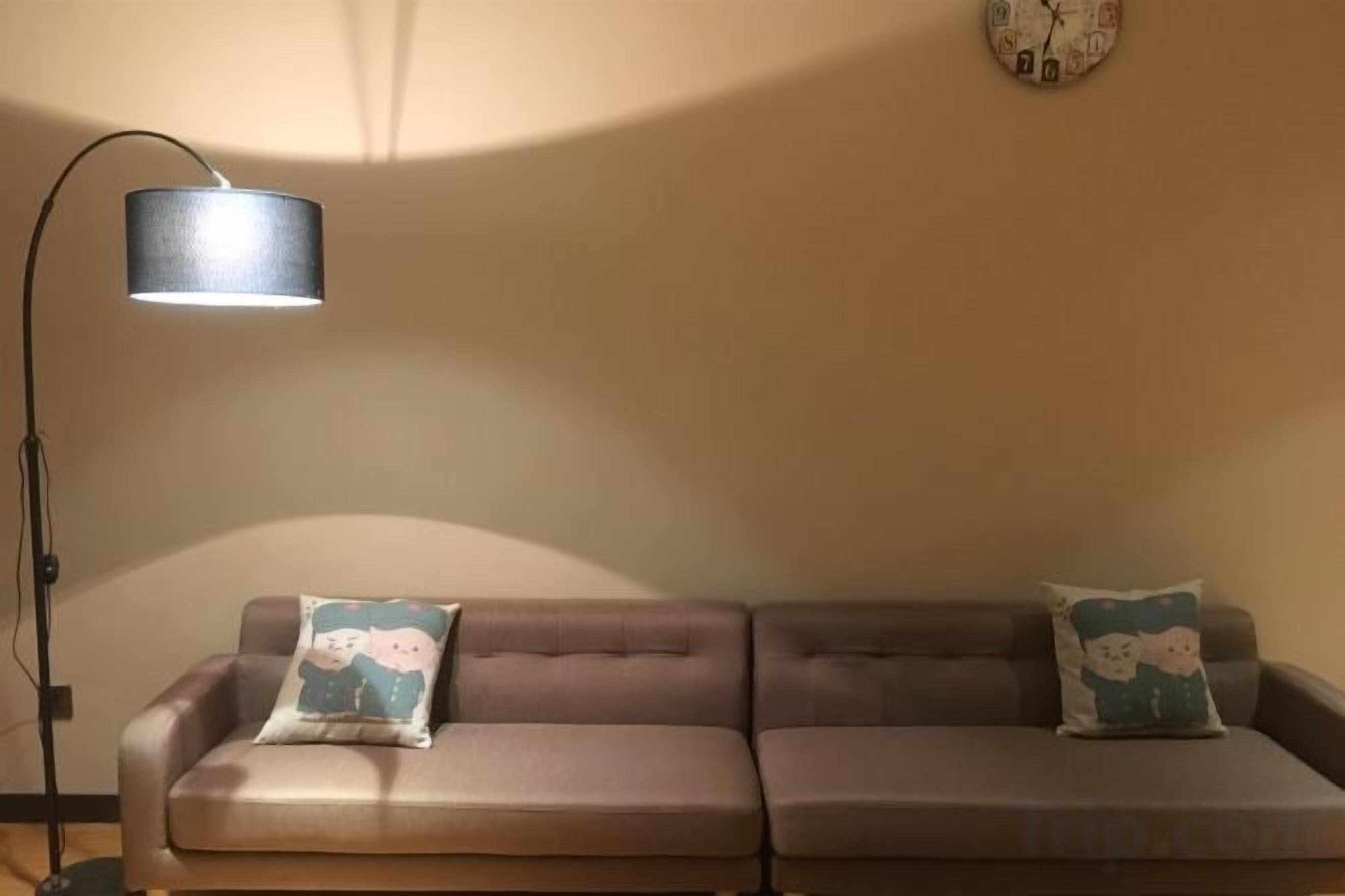 Une pièce avec un canapé et deux coussins, un lampadaire et une horloge murale.