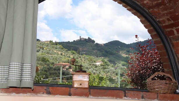 A view through an arched window of a rural landscape with a hill and a building on top. - Romantic independent country house with garden, between Lucca and Florence (Toscana)