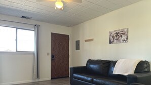 A living room with a black leather sofa, patterned rug, wooden door, and a ceiling light fixture.