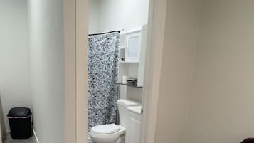 Shower, hair dryer, soap, shampoo